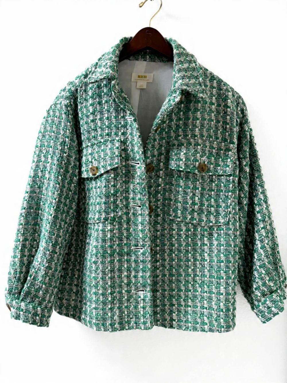 Anthropologie Green Tweed Button-Front Blazer Jacket